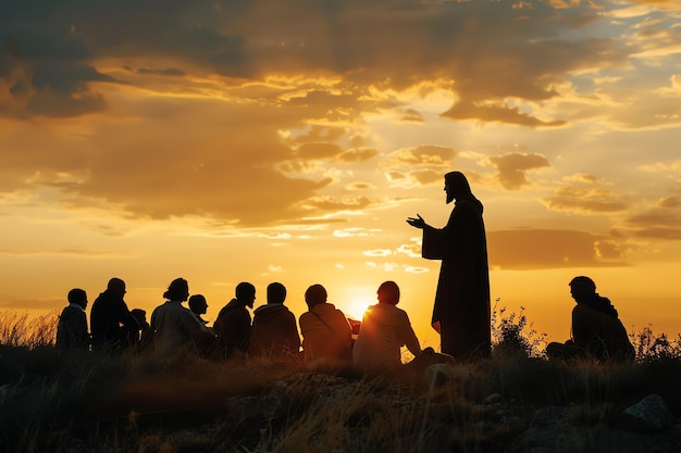 Jesus teaching a crowd from a hillside christian background