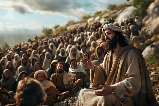 Jesus teaching a crowd from a hillside christian photo