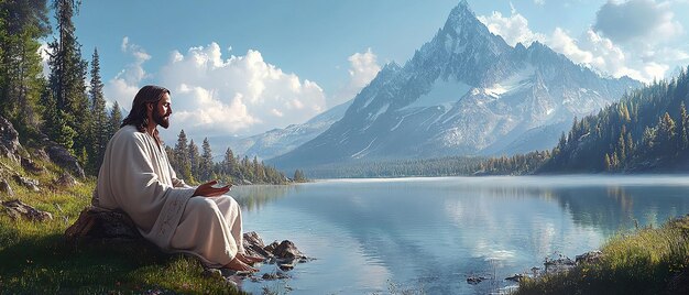 Photo jesus in a tranquil meditative mountain retreat