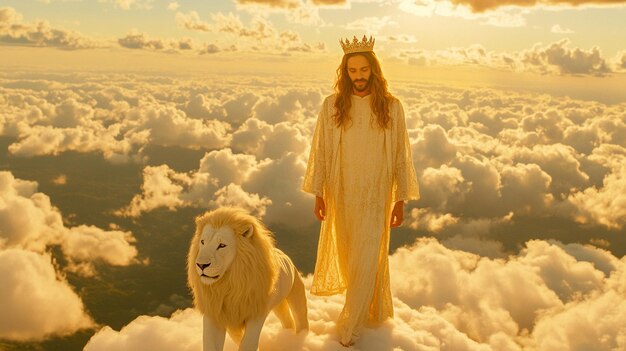 Photo jesus walking on clouds with angels and lion at his feet king crown and royal robe