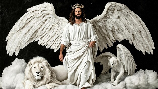 Photo jesus walking on clouds with angels and lion at his feet king crown and royal robes