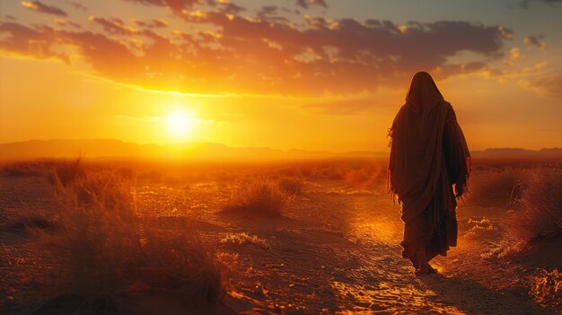 Photo jesus walking in the desert at sunset