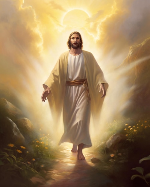 Jesus walking down a path with the sun shining through the clouds