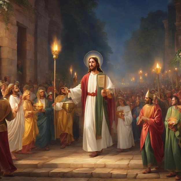 Jesus walking down a street surrounded by people carrying torches