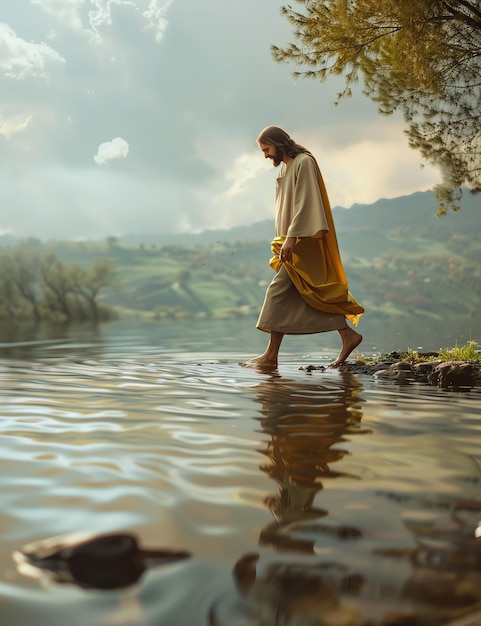 Photo jesus walking on lake christian photo illustration