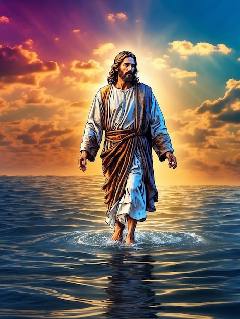 jesus walking on water background bright colors and very beautiful 1