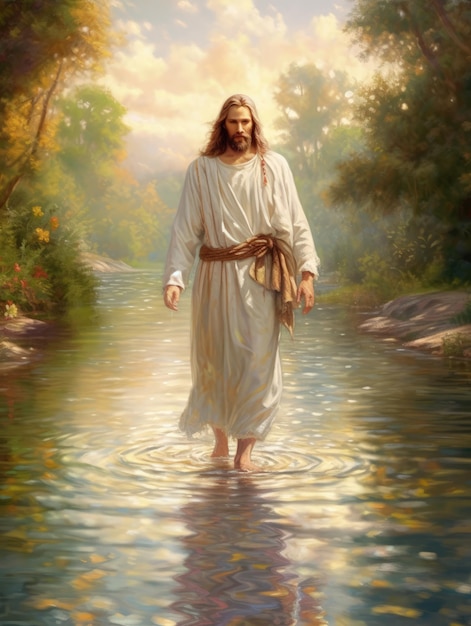 Jesus walking in the water with his hands in his pockets