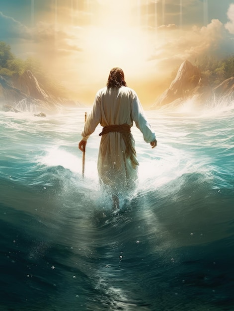 Jesus walking in the water with the sun shining on him