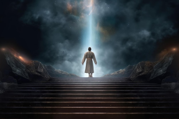 Photo jesus walks the steps to heaven a ray of light at the end