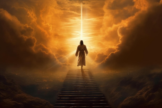 Jesus walks the steps to heaven a ray of light at the end