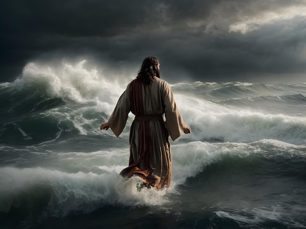 Jesus walks on water across the sea and calms the sea in a storm