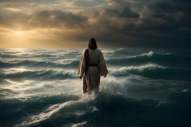 Jesus walks on water and calms the sea as in bible