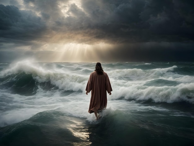 Jesus walks on water and calms the stormy sea as in bible