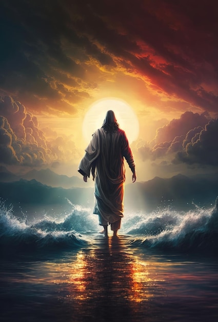 Jesus walks on water Jesus walking on the sea Beautiful sunset Generative AI