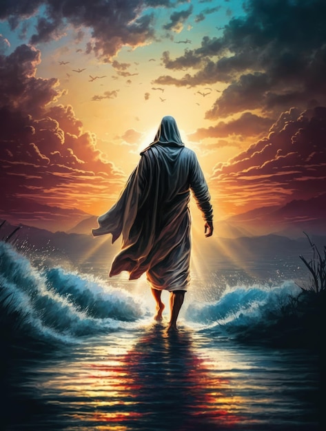 Jesus walks on water Jesus walking on the sea Beautiful sunset Generative AI