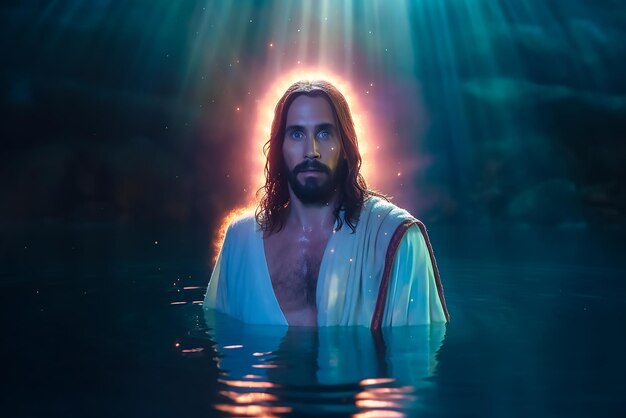 Jesus in the water with the light on him