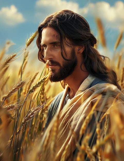 Jesus in a wheat field christian photo illustration