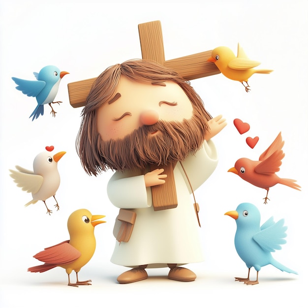 Photo jesus with birds and hearts jesus 3d character