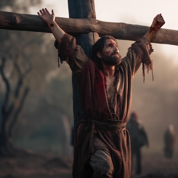 Jesus with blood on his face in a cross