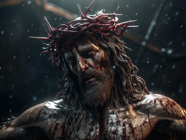 A jesus with blood on his head looks down at the camera