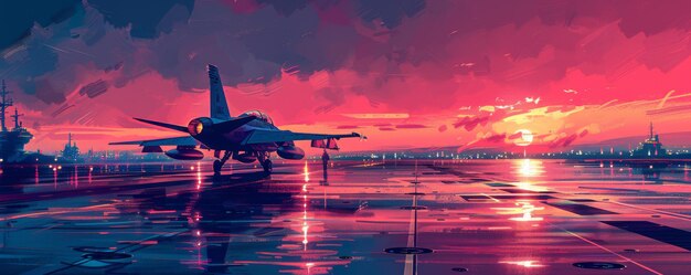 Jet aircraft on a carrier deck at sunset with vibrant colors and reflective water