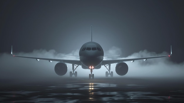 A jet airliner is taking off from a runway at night The plane is lit by the runway lights and the water on the runway is reflecting the light