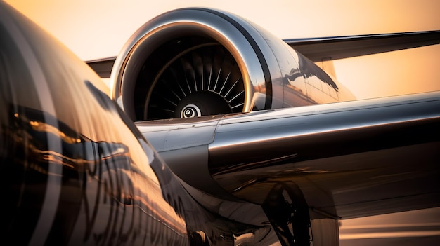 A jet engine is shown from the side of a plane.