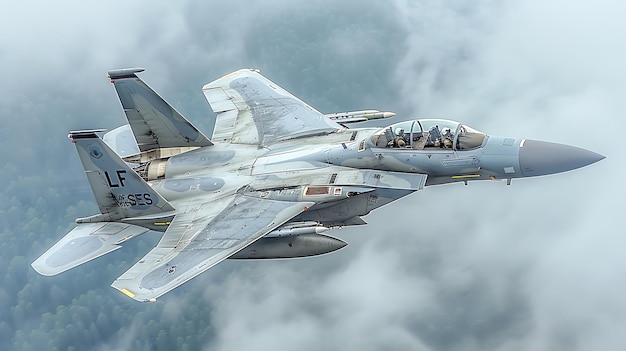 Jet fighter F15 Eagle flying through the clouds with dynamic lighting