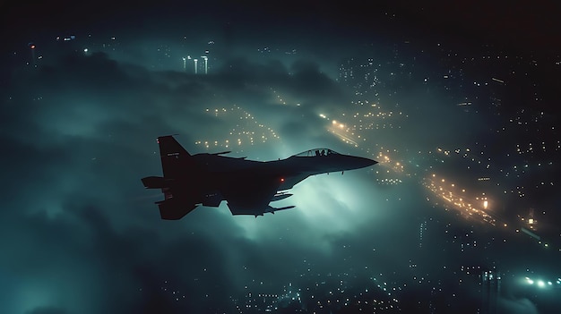 Jet fighter flying through the clouds in the night and illuminated by the glow of city lights