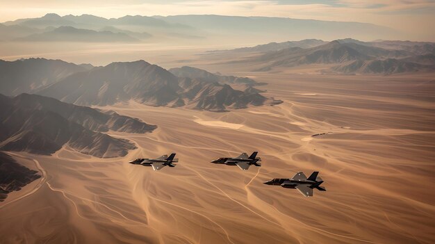 Jet fighters F35 Lightning II simulating the combat training above of desert landscape