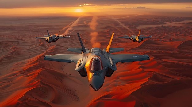 Jet fighters F35 Lightning II simulating the combat training above of desert landscape