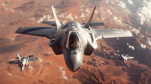 Jet fighters F35 Lightning II simulating the combat training above of desert landscape