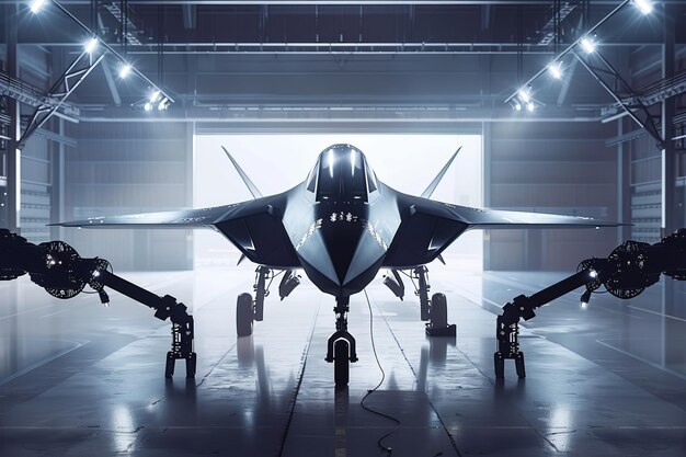 Photo a jet is parked in a hangar with a robotic arm attached to it