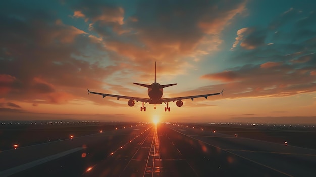 A jet plane is landing on a runway at sunset The sky is a bright orange and the clouds are a light pink The plane is silhouetted against the sky