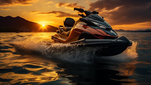 Photo jet ski mock up on the sea with wave at sunrise