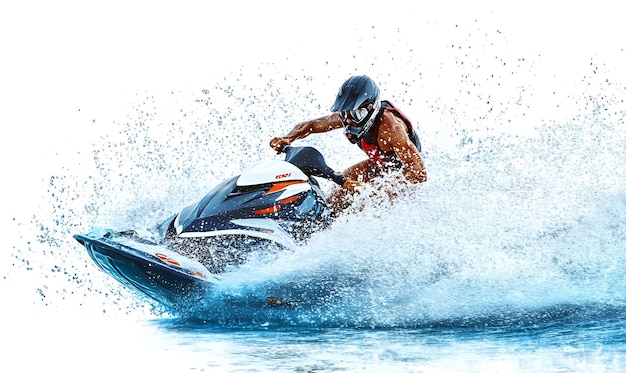 jet skier making a sharp turn with water splashing around set against a stark white background