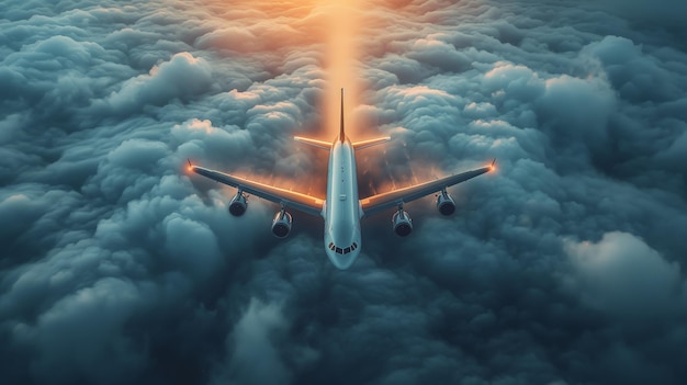 A jet soars through billowing white clouds