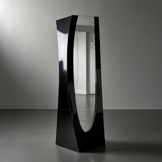 Photo jetblack pedestal with smooth mirrorlike surface reflecting distorted surroundings creating