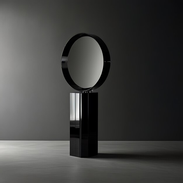 Photo jetblack pedestal with smooth mirrorlike surface reflecting distorted surroundings creating