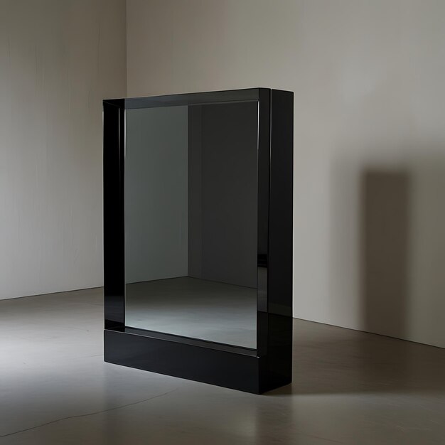 Photo jetblack pedestal with smooth mirrorlike surface reflecting distorted surroundings creating