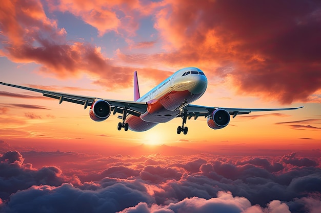 A jetliner aircraft is gracefully soaring through vibrant sunset colored clouds creating a mesmerizi