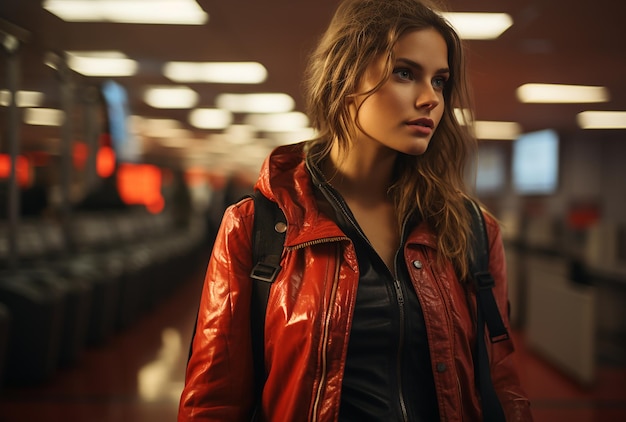 Jetsetters Arrival Woman with Red Luggage Tag at the Airport