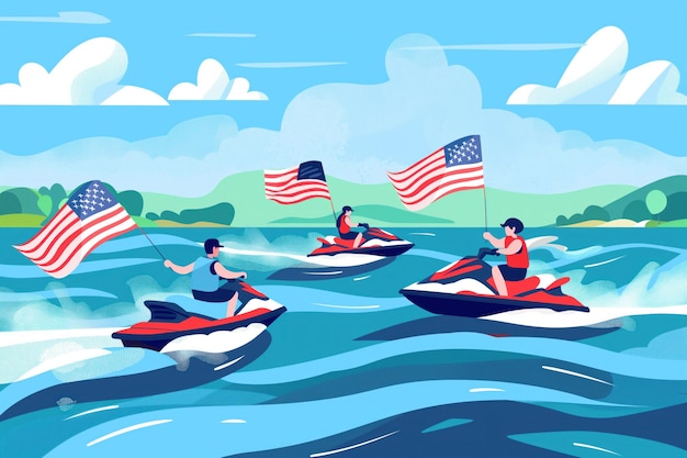 Jetski riders glide on lake with waving USA flags clear flat colors minimalistic style Perfect