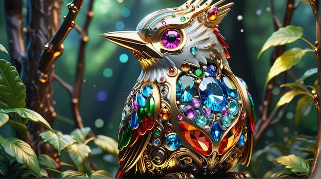 JewelEncrusted Bird in a Mystical Forest