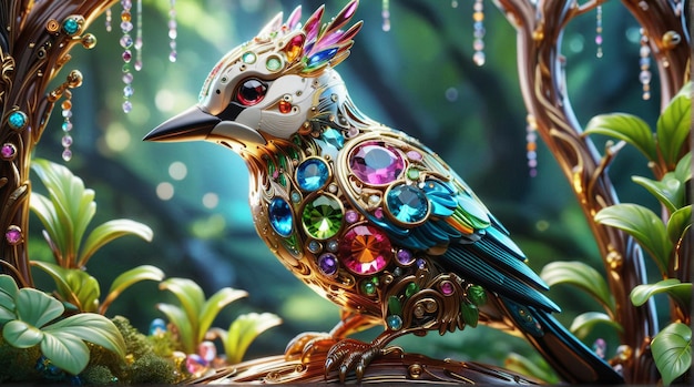 JewelEncrusted Bird in a Mystical Forest