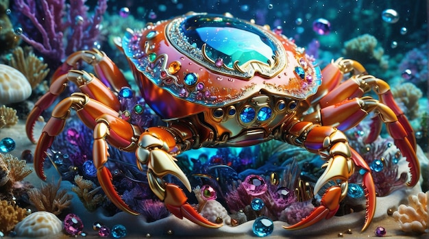 JewelEncrusted Mechanical Crab in Coral Reef