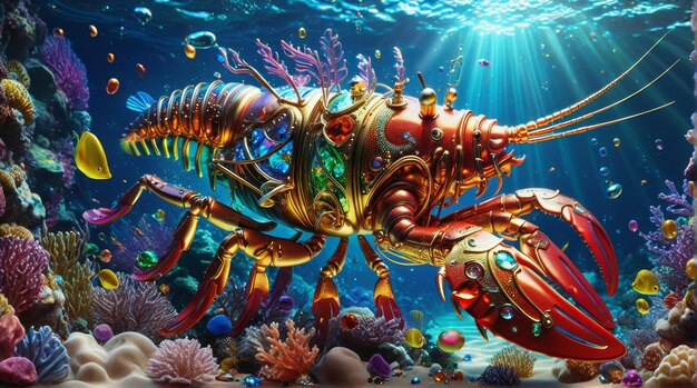 JewelEncrusted Mechanical Lobster in Coral Reef