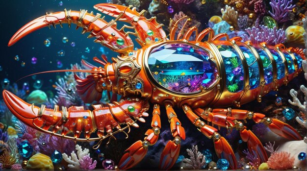 JewelEncrusted Mechanical Lobster in Coral Reef