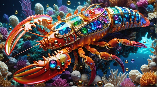 JewelEncrusted Mechanical Lobster in Coral Reef