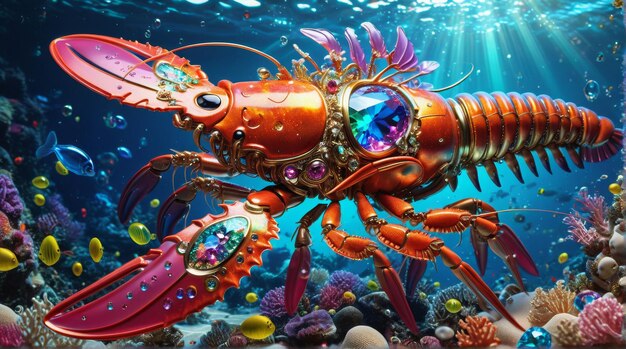 JewelEncrusted Mechanical Lobster in Coral Reef